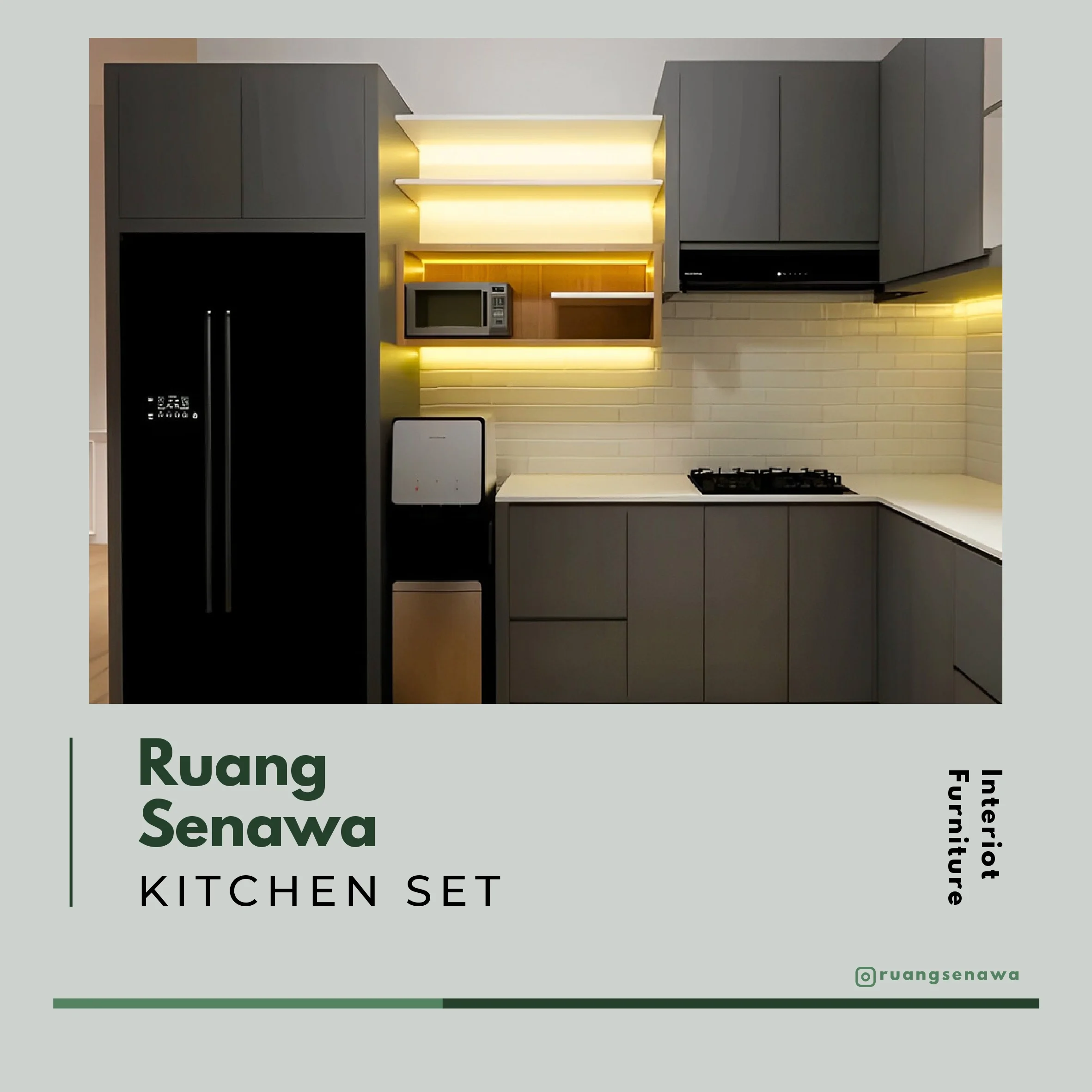 Dark Grey Kitchen & Large Fridge — Render desain dapur abu-abu gelap dengan integrasi kulkas besar Kota Palu Ruang Senawa
